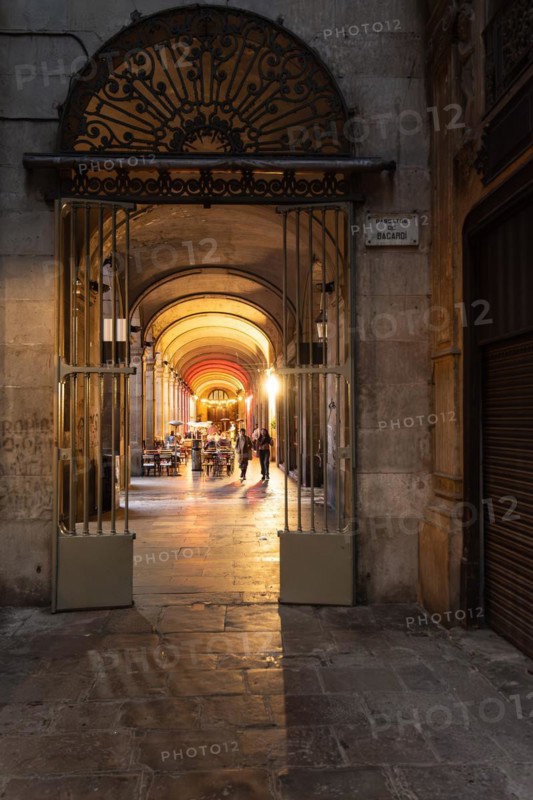 Restaurants in the arcades at Plaça Reial in Barcelona, Spain