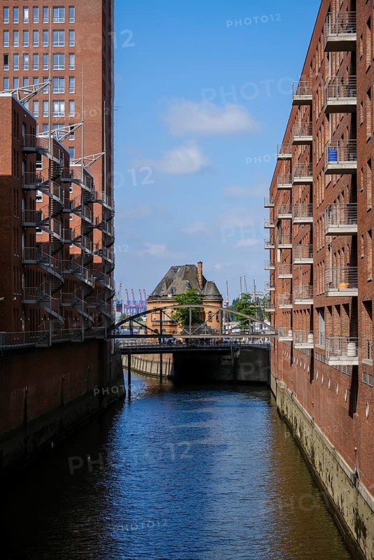 Hamburg, Germany - Warehouses in the Speicherstadt, harbour police station behind