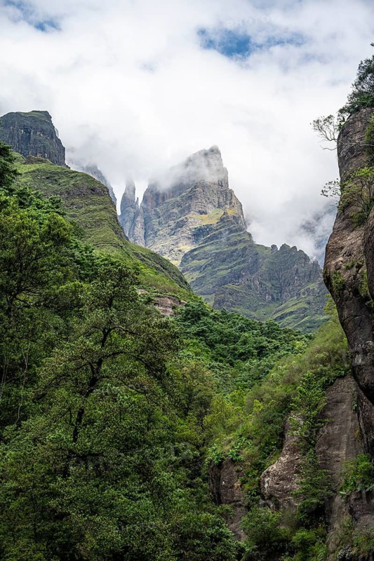 Landscape with mountains and fog, Drakensberg National Park, KwaZulu Natal, South Africa