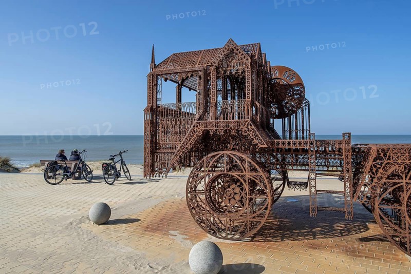 Caterpillar and Flatbed Trailer, artwork by Belgian neo-conceptual artist Wim Delvoye at seaside resort Westende, Middelkerke, West Flanders, Belgium