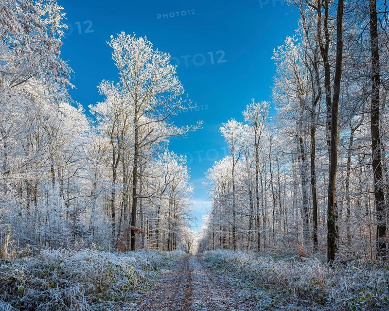 Hiking trail through oak forest with hoarfrost in winter under blue sky, near Luther city Eisleben, Saxony-Anhalt, Germany