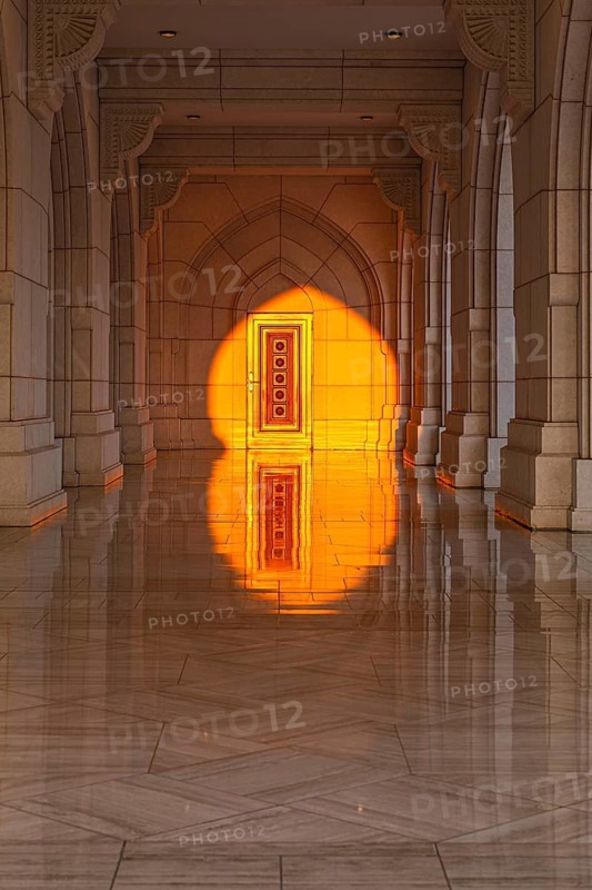 Sunlit side entrance door of the Royal Opera, Muscat, Arabian Peninsula, Sultanate of Oman