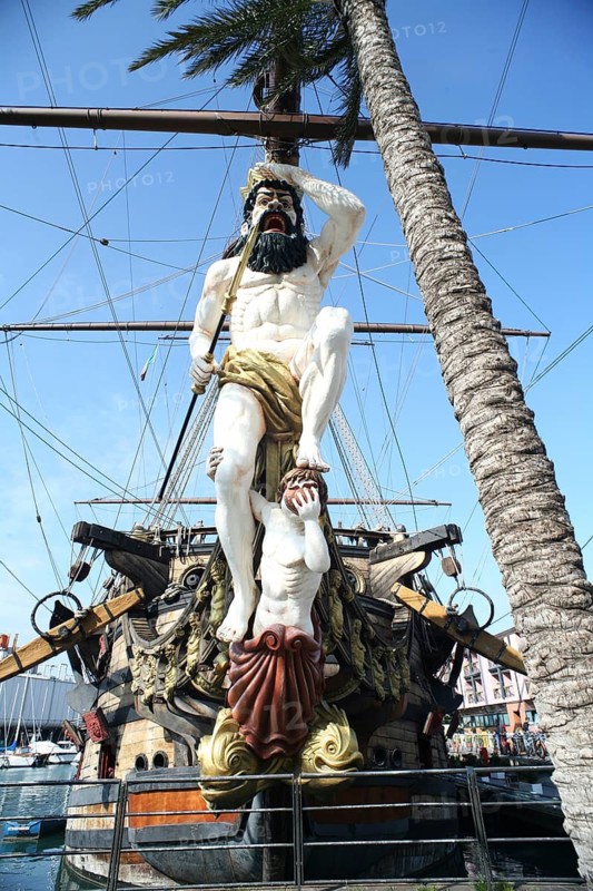 Sailing ship Neptune with galleon, Genoa, Italy