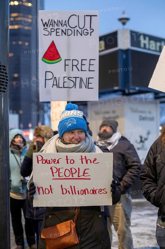 Detroit, Michigan USA - 17 February 2025 - People say 'No Kings on Presidents Day' in response to what they say are President Trump's and Elon Musk's undemocratic actions. The event was organized by 50501