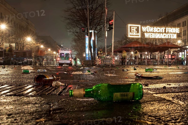BERLIN, GERMANY - JANUARY 1, 2019: 2018: Mess on the street after New Year Eve celebrations