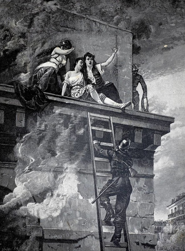 Fire service, fireman rescues people who fled on the roof ledge from the fire, 1896, illustration, reproduction of a model from the 19th century. Authentic, file restored for optimal use, exact date of submission unknown, historical, firefighter rescues woman from a burning roof, dramatic and dangerous scene