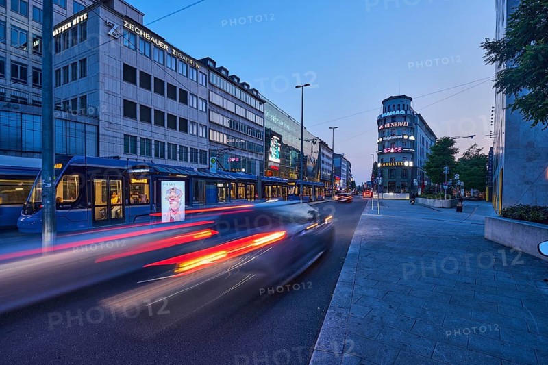 Karlsplatz tram stop, public transport, general architecture, commercial buildings, houses, lantern, neon sign, car, traces of light, motion blur, evening blue hour, blue sky, cloudless, Bayerstraße, Munich, state capital, district-free city, Bavaria, Germany