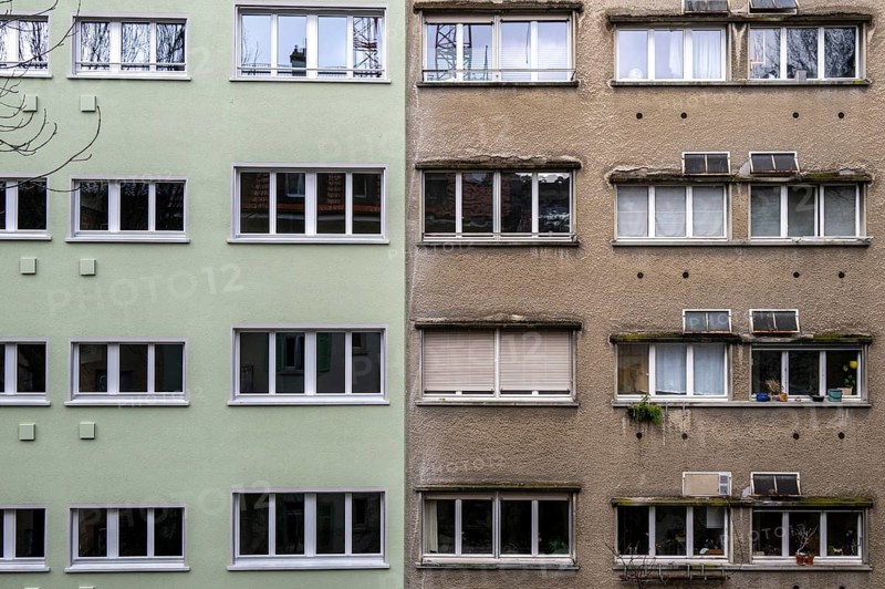 Windows, gray house facades, a house is renovated, renovation, modernization, contrast, difference, old new, Zürich, Switzerland