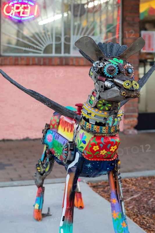 Detroit, Michigan - Alebrijes, or Mexican sculptures of mythical creatures, are on display in Detroit's Mexicantown neighborhood. The sculptures are made from car parts by artist Elton Monroy Duran.