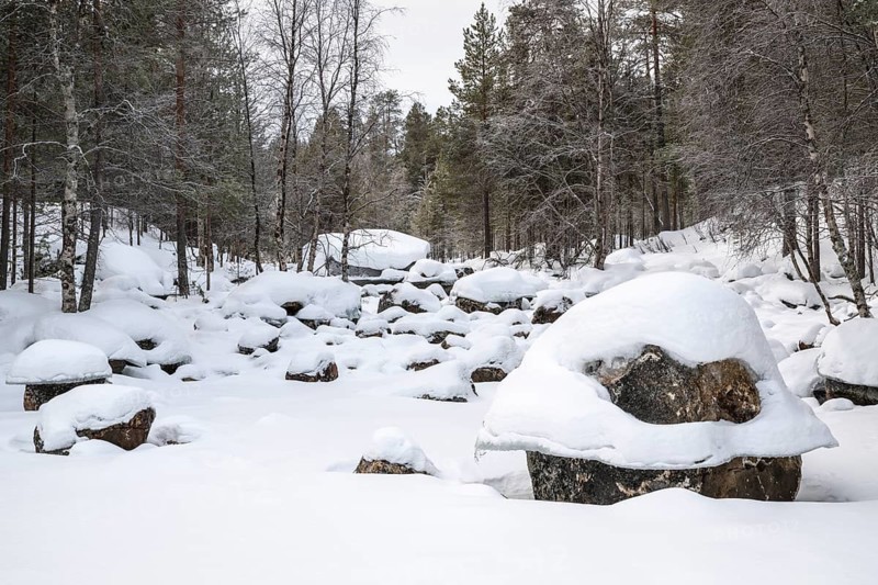 Frozen and snowy stream, Lapland, Finland, January 2025