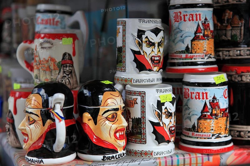 Souvenir sale at Bran Castle, marketing of Dracula, printed here on cups, Törzburg, in Transylvania, Romania. It is famous as Dracula's Castle and one of the country's main attractions
