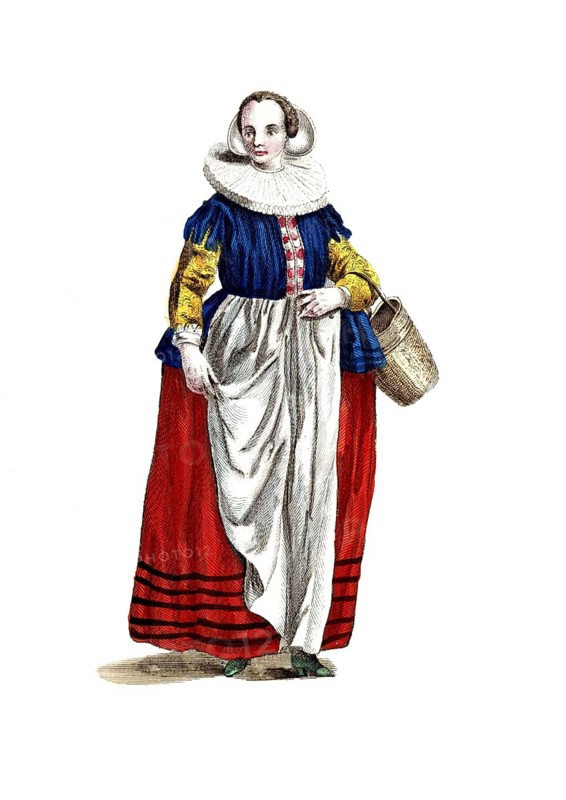 Historical clothing, fashion in the course of time, clothing of a merchant's woman, merchant's woman from Holland in 1640, digitally restored reproduction of a model from the 18th/19th century, exact date not known, woman in historical clothing with large collar and blue coat, holding basket