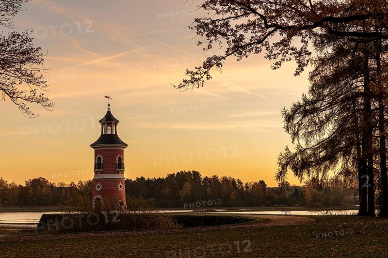 Lighthouse at Fasanenschlösschen in Moritzburg at sunrise, Saxony, Germany