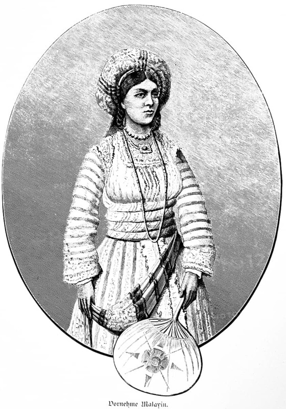 Noble Malay woman, portrait of a young woman in traditional dress, elegant long dress, headdress, necklace, brooch, serious look, country black hair, large leaf fan, oval picture, historical illustration, Malaysia, 19th century woman