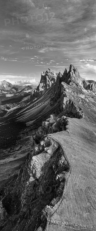 The peaks Sas Rigais and Furchetta of the Geisler Group, panoramic photo, drone photo, black and white photo, Val Gardena, Dolomites, Autonomous Province of Bolzano, South Tyrol, Italy