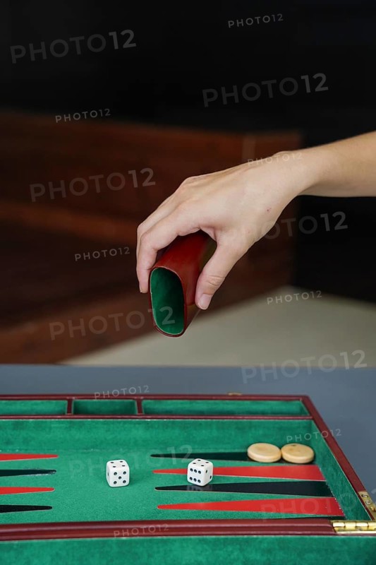 A person rolls on a backgammon board, capturing the essence of strategic play and chance The board, with its vibrant colors, adds a classic touch to this timeless game