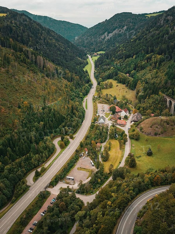 Valley with village, roads and wooded hills, Ravenna Gorge, Black Forest, Germany
