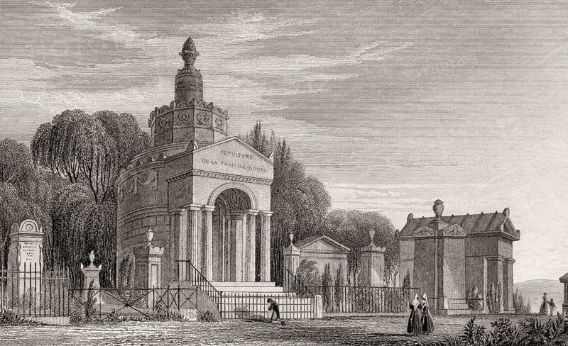 Père Lachaise Cemetery, Paris, antique steel engraved print, 1831