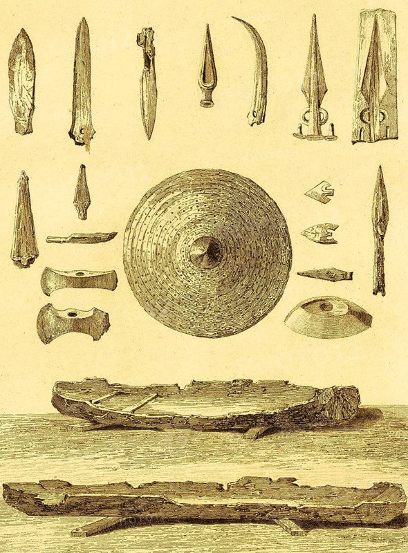 Roman era weapons and canoes, wooden boats, spearheads, axe, knife, shield, metal, archaeology, history, England, Great Britain, steel engraving, historical illustration 1842