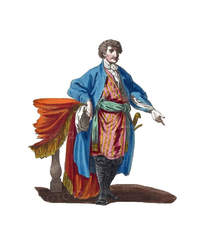 Historical clothing, fashion in the course of time, clothing of a man from Georgia in 1760, digitally restored reproduction of a model from the 18th/19th century, exact date unknown, man in traditional clothing with blue coat and red accessory