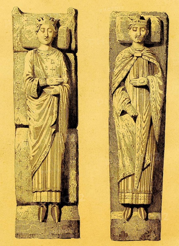 King Henry II and Duke of Normandy (left) King Richard I (right), Richard the Lionheart, royal crown, stone monument, Plantagenet era, Middle Ages, England, Great Britain, steel engraving, historical illustration 1842