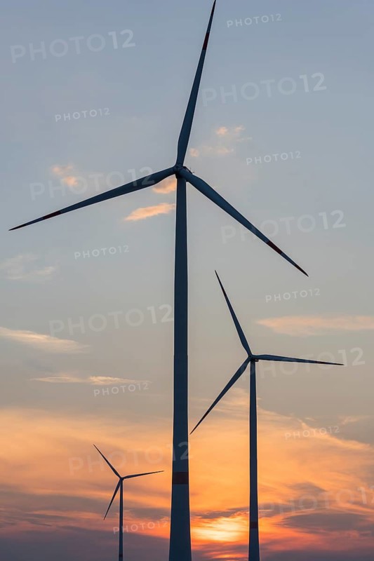 Wind turbine, wind turbines, sunset, Swabian Alb, Baden-Württemberg, Germany