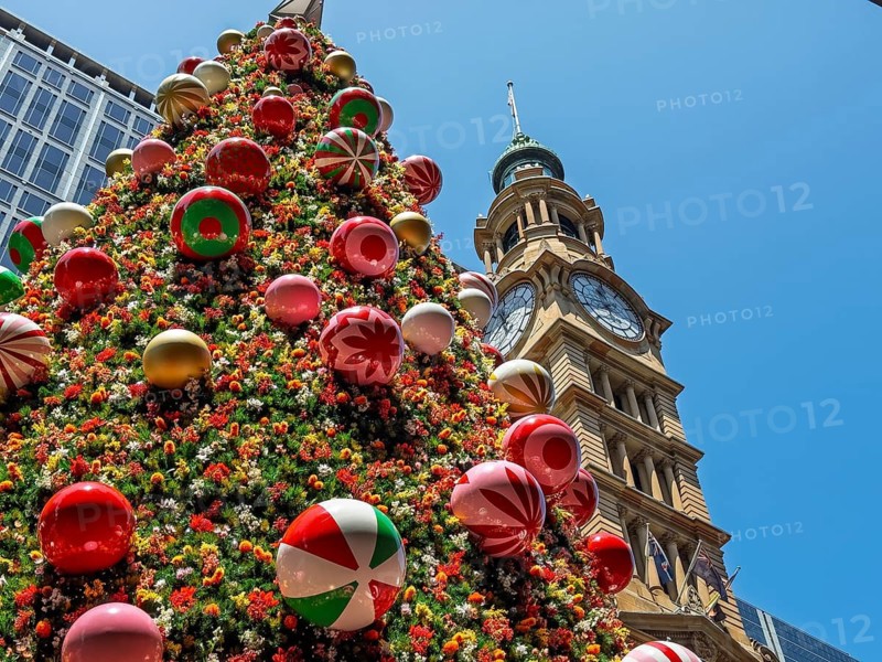 A beautifully decorated Christmas tree stands tall beside a historic tower under a clear blue sky in Sidney, Australia. Colorful ornaments add festive charm to the vibrant display