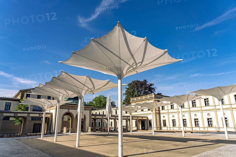 Umbrellas at Luitpoldbad im Staatsbad Bad Kissingen, Lower Franconia, Bavaria, Germany