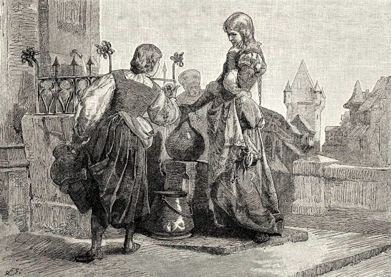 Margaret and Bessy at the Well, first part of the tragic play Faust by Johann Wolfgang von Goethe