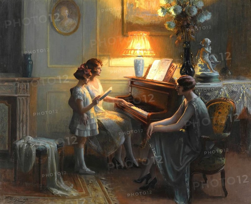 La Leçon de Chant, The Singing Lesson, is a well-known oil painting by the French painter Delphin Enjolras (1857-1945) . This scene depicts a domestic music lesson. A woman sits at the piano while a young girl sings or listens to her, illustration, reproduction from a painting. Authentic, File restored for optimal use, Exact date of original unknown, Historic, A woman and a child make music together at the piano in a warm, domestic atmosphere