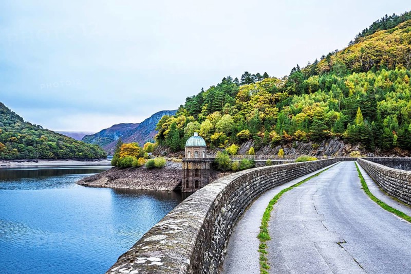 Autumn colors over Garreg Ddu Dam, Elan Valley, Caban-Coch Reservoir, Rhayader, Wales, UK