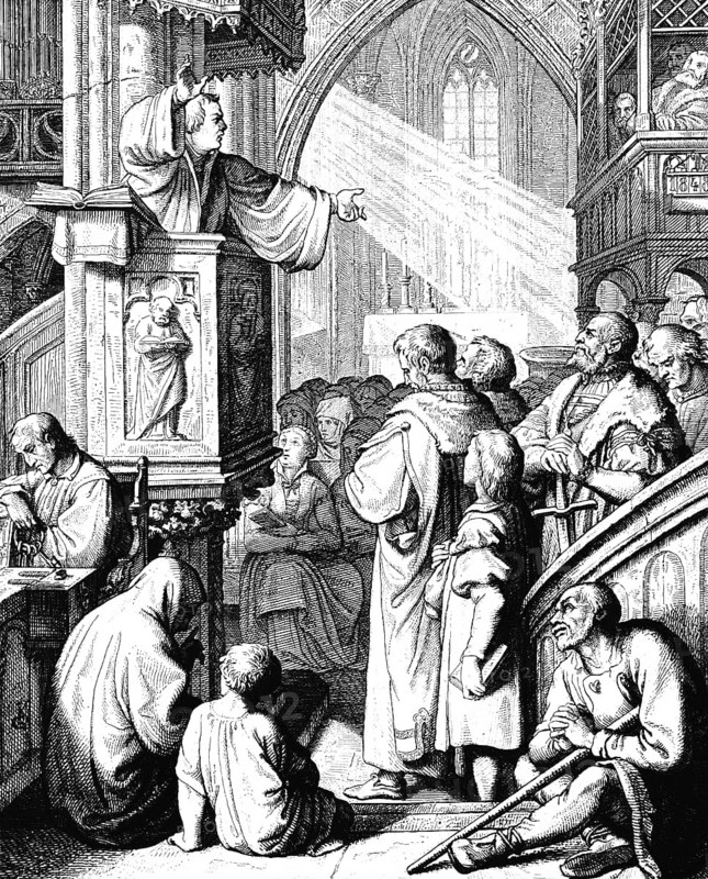Martin Luther preaching from the pulpit, church, interior, altar, organ, alms, ray of light, audience, window, poor, rich, gospel, religion, Christianity, 16th century, historical illustration c. 1860
