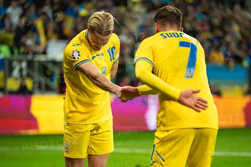 WROCLAW, POLAND - MARCH 26, 2024: Qualifications for UEFA Euro 2024. Final play-off match Ukraine - Iceland 2:1. Joy of Mykhailo Mudryk (L) and Georgiy Sudakov (R) after scoring goal.