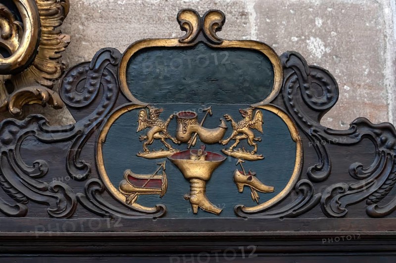 Detail of the craftsman's chair or alms chair of the shoemaker guild, Sebaldus Church, Nuremberg, Middle Franconia, Bavaria, Germany