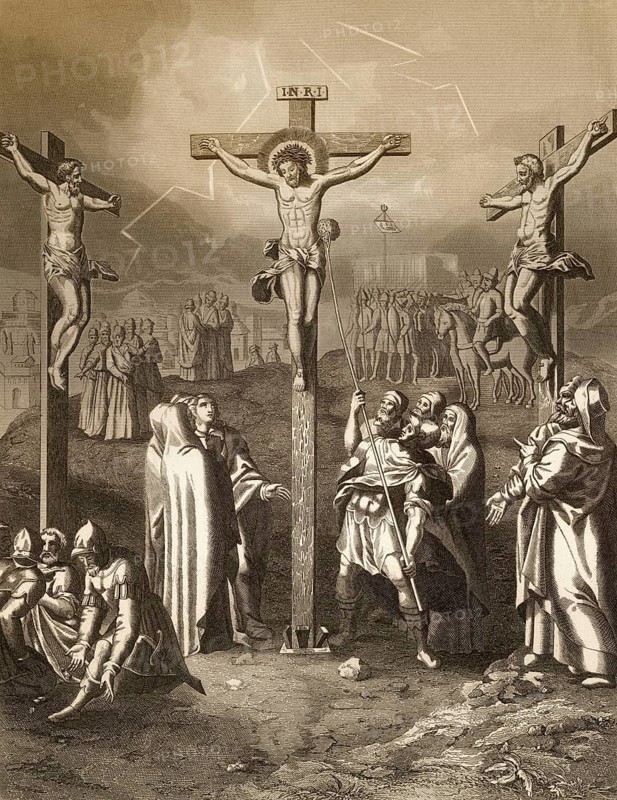 Crucifixion of Jesus, Mount Calvary, Jerusalem, New Testament, steel engraving 1853, digitally restored