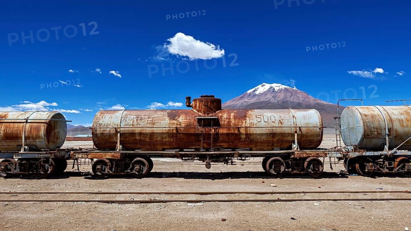 Rusty tank truck against a mountainous desert backdrop under clear skies, railroad cars in the town of Ollagüe in the Chilean Atacama Desert