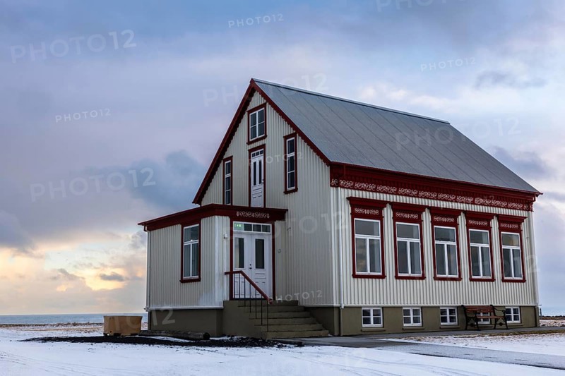 Historic house, snow, winter, Garður, Iceland, Scandinavia