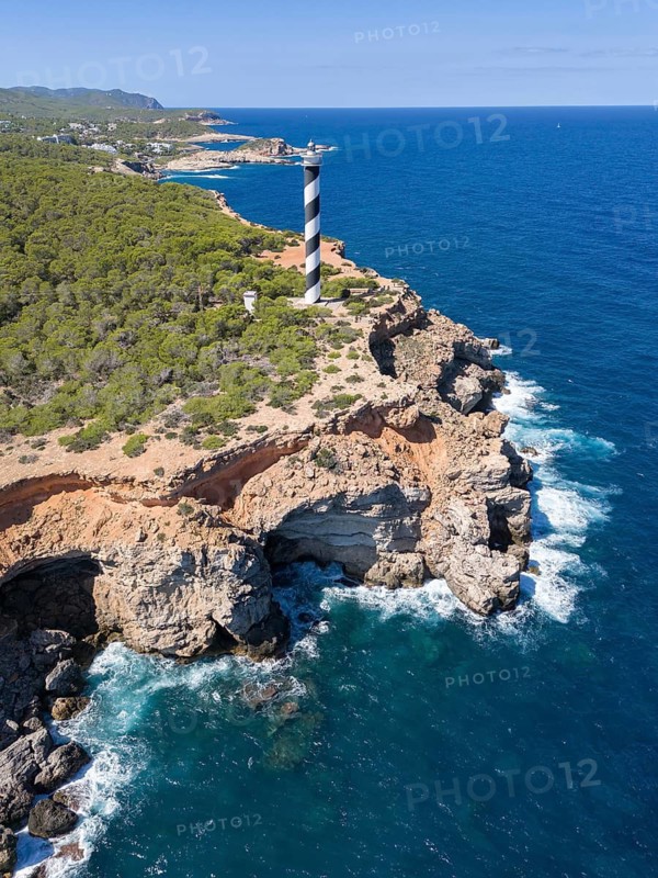 Aerial view of the lighthouse Far de sa Punta des Moscarter, Ibiza, Balearic Islands, Spain