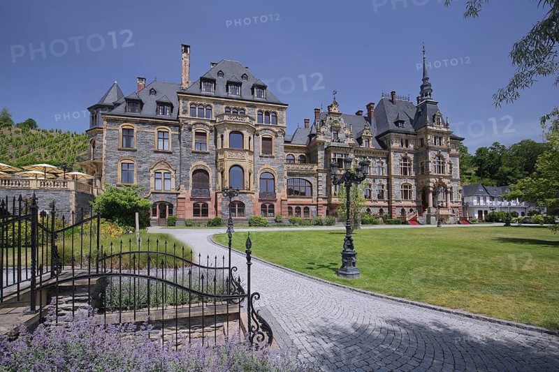 Lieser castle built in 1885 in historicism with gardens, Lieser, Bernkastel-Kues, Middle Moselle, Mosel, Rhineland-Palatinate, Germany