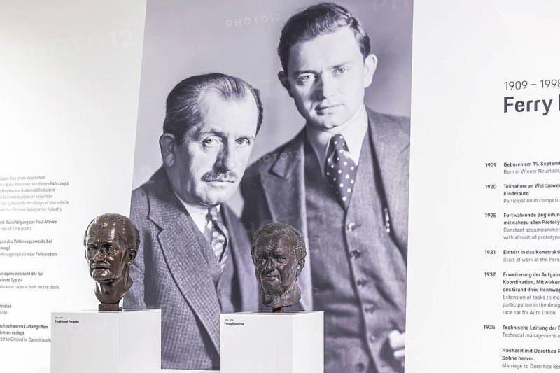 Porsche Museum Stuttgart-Zuffenhausen. Ferdinand Porsche, Ferry Porsche. Busts of legendary designers. The automotive museum of Dr. Ing. h.c. F. Porsche AG shows racing cars and iconic cars from automotive history. interior view. Stuttgart, Baden-Württemberg, Germany