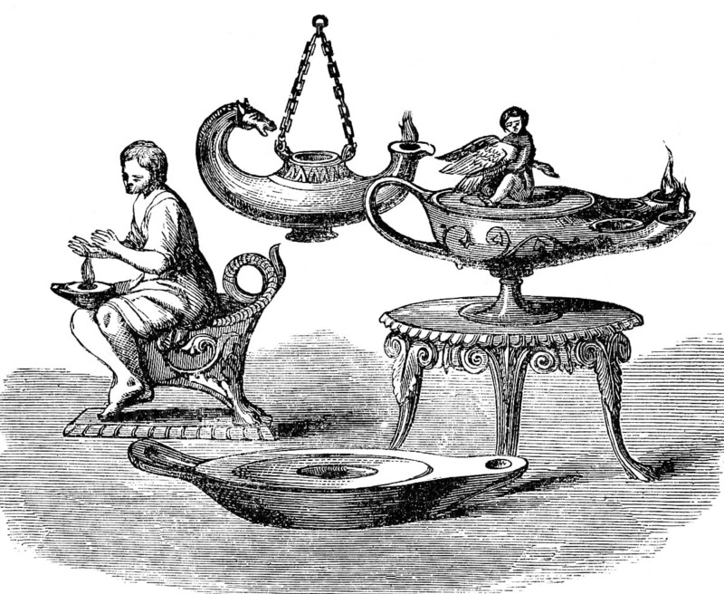 Lamps from the ruins of Herculaneum, chapter 25, verse 4, Matthew Gospel, oil lamps, clever, foolish, vessels, figures, decorative, ornemantic, burning, use, object, light, warmth, New Testament, Bible, historical illustration 1850