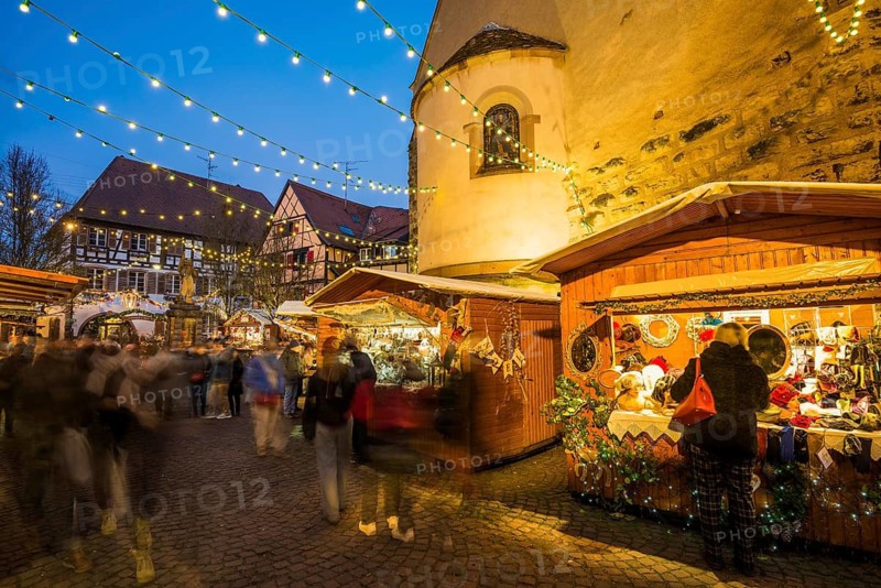 Christmas market, blue hour, Eguisheim, Haut-Rhin, Grand Est Region, Alsace, France