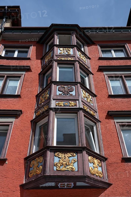 Three-storey bay window on a historic town house from the 18th century, Hauptstr., Rottweil, Baden-Württemberg, Germany
