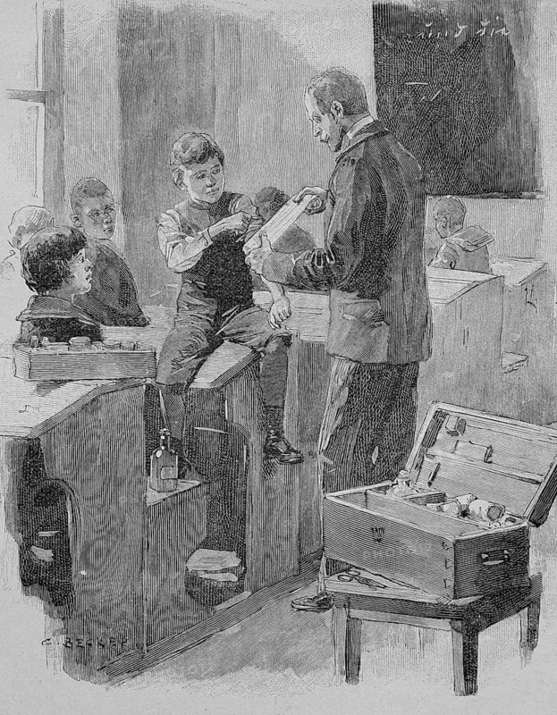 Introduction of the emergency first aid kit in schools, 1885, Germany, Historic, digitally restored reproduction of an original 19th century template, exact original date not known