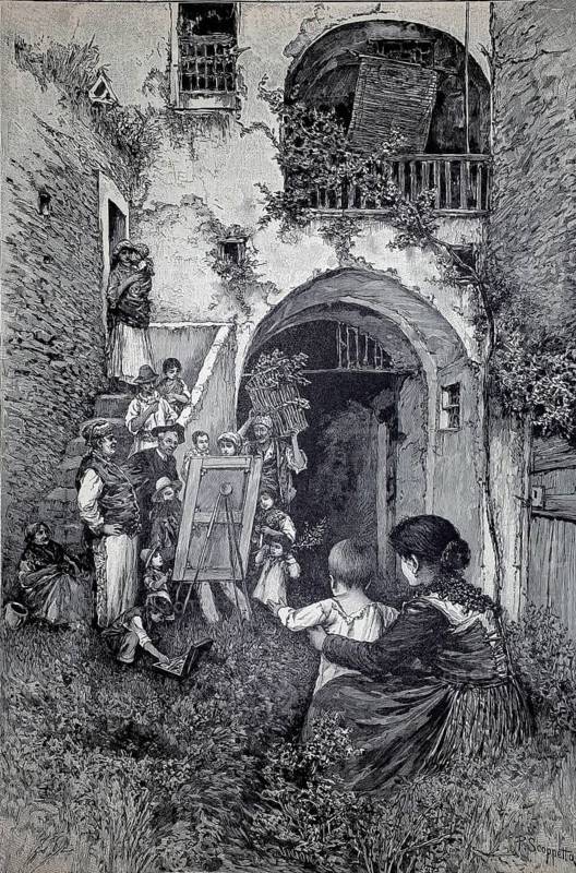 The painter in the village, a painters' easel planted in the courtyard, brings people together. Closely packed, it surrounds the entire population of the old smoky house, 1890, illustration, reproduction from a model from the 19th century. Authentic, file restored for optimal use, exact date of original unknown, historical, artist painting outdoors surrounded by curious audience in the courtyard