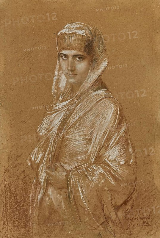 Painting, Reproduction of the painting, Work of art, Historical, Franz Seraph Lenbach, since 1882 Knight of Lenbach (born 13 December 1836 in Schrobenhausen, died 6 May 1904 in Munich), German painter, Munich painter prince, here his work:, Oriental woman (1882), woman with veil in sepia drawing, expressive look