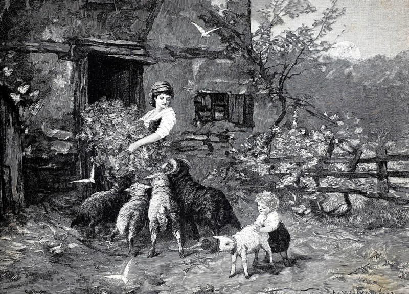 In front of the sheepfold, the farmer brings a bundle of fresh grass and her child plays with a lamb, 1891, Germany, authentic, digitally restored reproduction from a 19th-century model, exact date of depiction unknown, historical, woman feeding sheep next to a farmhouse while a child watches. Birds fly in the background