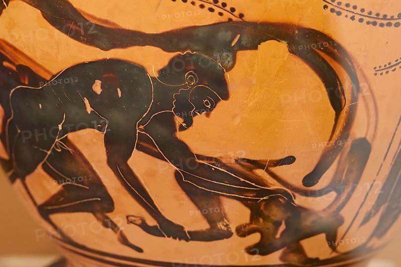 Scenes of Heracles conquering the Cretan bull on ancient Greek pottery with geometric patterns, Museum of the History of the Ancient Olympic Games, Olympia, Peloponnese, Greece