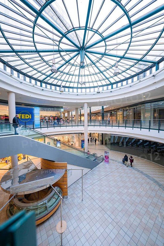 Large shopping complex with open space and striking glass roof, Sterncenter Sindelfingen, Böblingen district, Germany