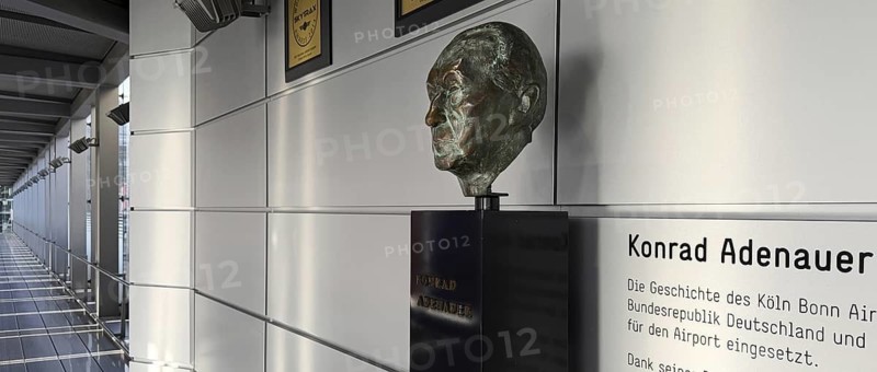 Bronze bust in memory of Konrad Adenauer at Cologne Bonn Airport, North Rhine-Westphalia, Germany